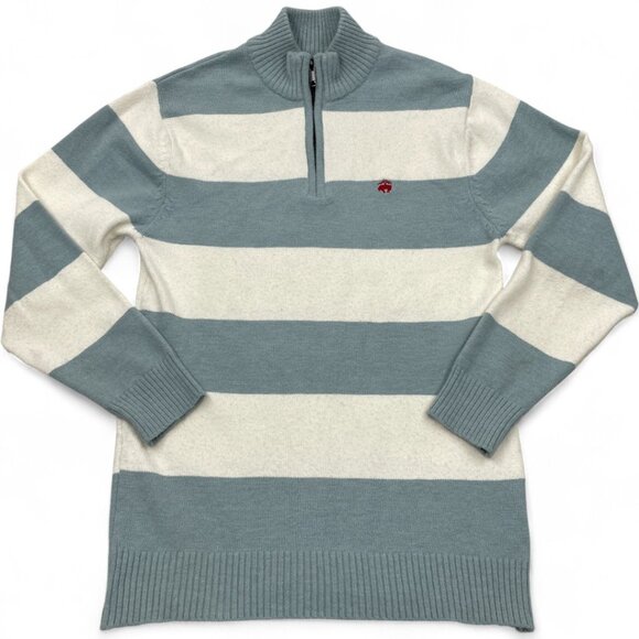 Brooks Brothers Men's Blue White Stripe Zip Collar Lamb Wool Sweater XL Slim Fit - Picture 1 of 9